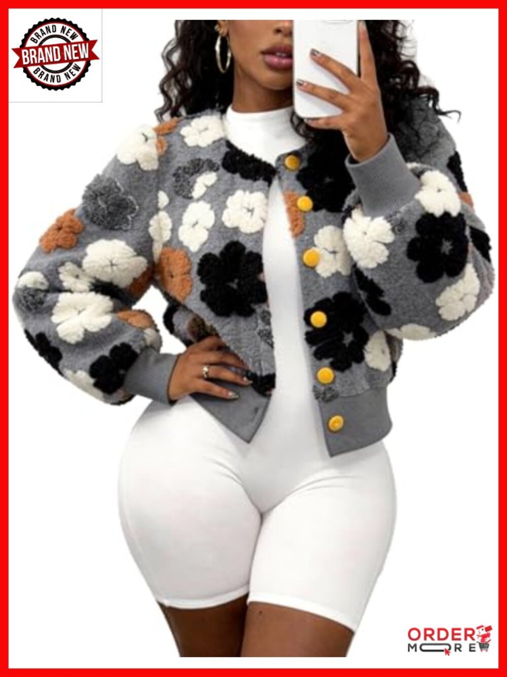 Flygo Women's Floral Bomber Jacket Cropped Fleece Coat Casual Outwear